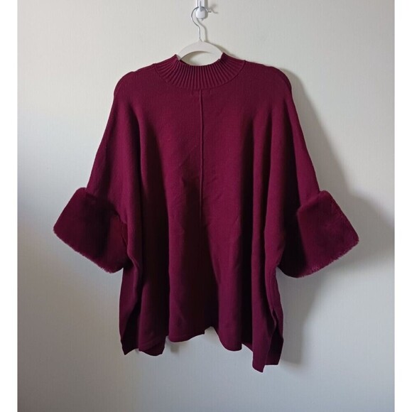 Alfani Poncho Pullover Sweater Mock Neck Faux Fur Cuff Burgundy XL - Picture 2 of 8